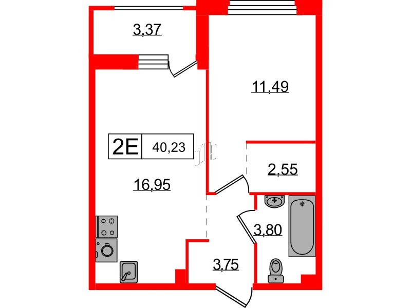 Квартира в ЖК Графика, 1 комнатная, 40.23 м², 1 этаж