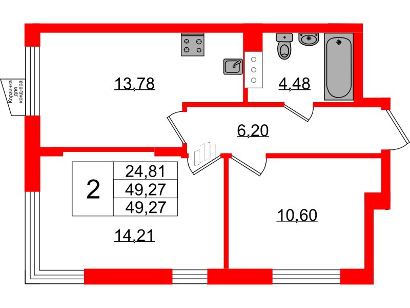 Квартира в ЖК VEREN NORT Сертолово, 2 комнатная, 49.27 м², 3 этаж