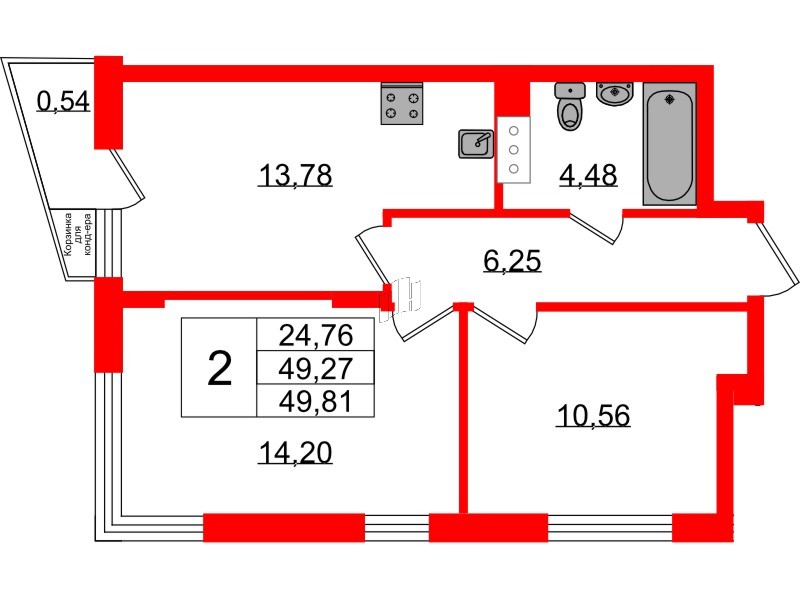 Квартира в ЖК VEREN NORT Сертолово, 2 комнатная, 49.81 м², 5 этаж