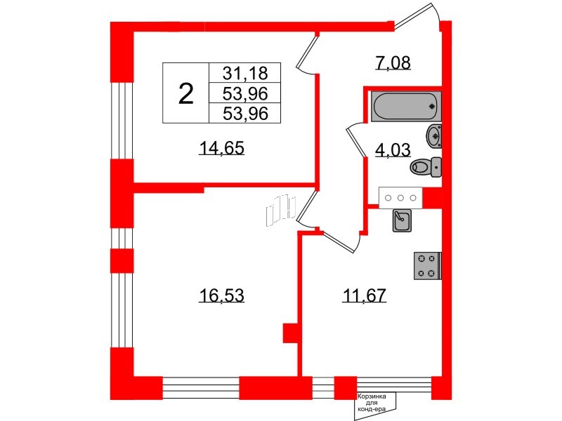 Квартира в ЖК VEREN NORT Сертолово, 2 комнатная, 53.96 м², 3 этаж