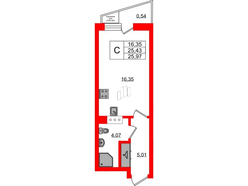 Планировка — Студия квартира, 26,0 м² в ЖК «ВЕРЕН НОРТ Сертолово»