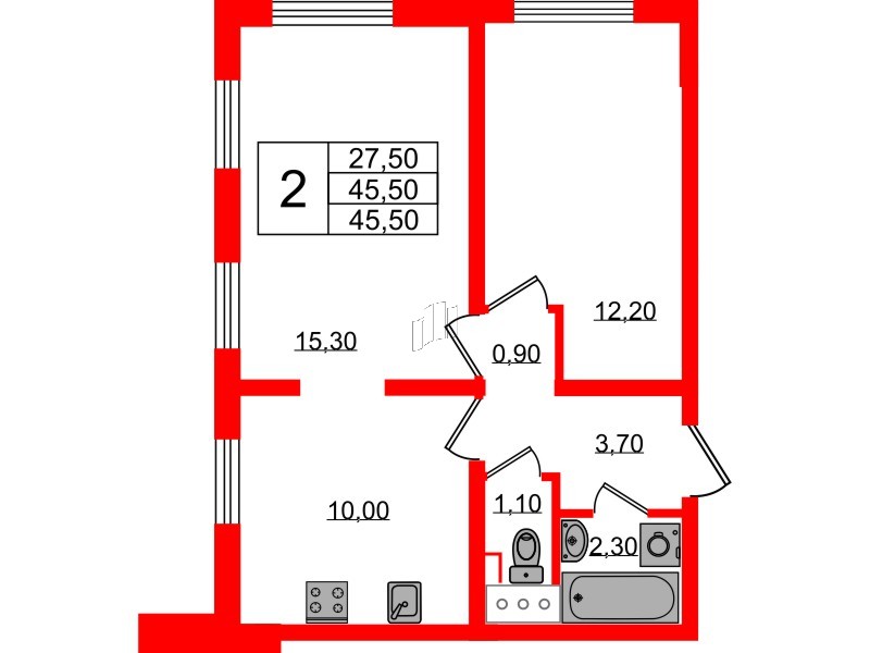 Квартира в ЖК 'Цветной город', 2 комнатная, 45.5 м², 3 этаж