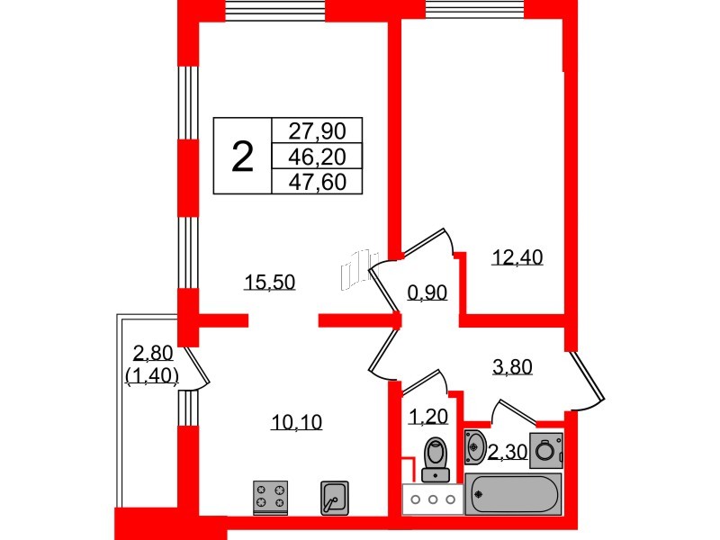 Квартира в ЖК 'Цветной город', 2 комнатная, 47.6 м², 22 этаж