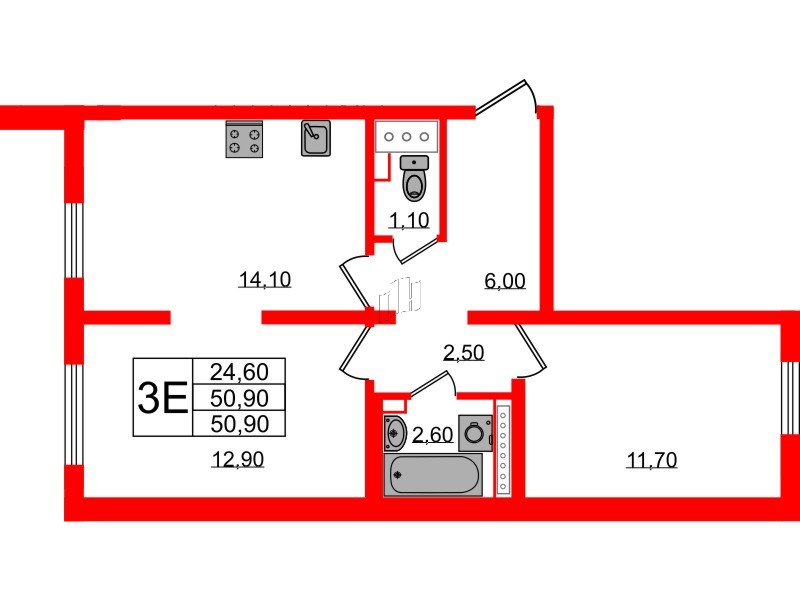 Квартира в ЖК 'Цветной город', 2 комнатная, 50.9 м², 4 этаж