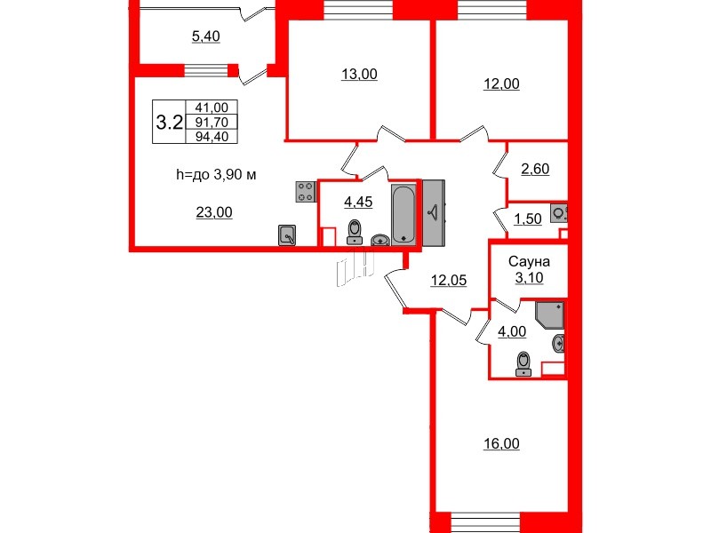 Квартира в ЖК «Бионика Заповедная», 3 комнатная, 91.7 м², 1 этаж