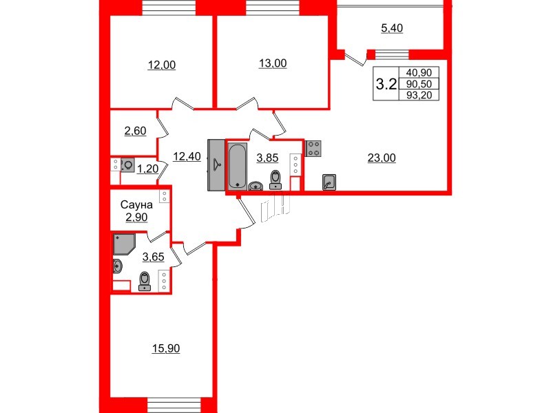 Квартира в ЖК «Бионика Заповедная», 3 комнатная, 90.5 м², 4 этаж
