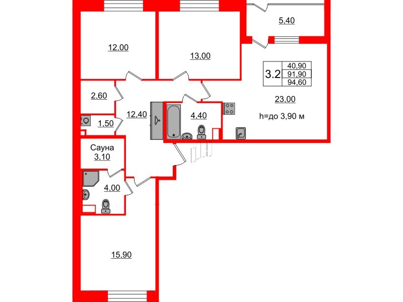 Квартира в ЖК «Бионика Заповедная», 3 комнатная, 91.9 м², 1 этаж