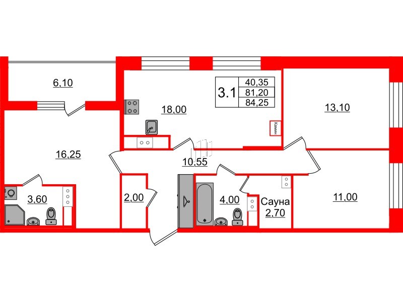 Квартира в ЖК «Бионика Заповедная», 3 комнатная, 81.2 м², 12 этаж