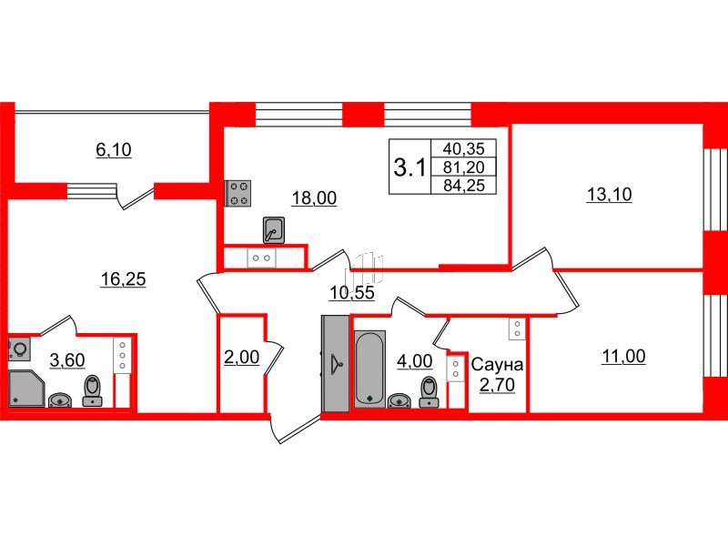 Квартира в ЖК «Бионика Заповедная», 3 комнатная, 81.2 м², 8 этаж
