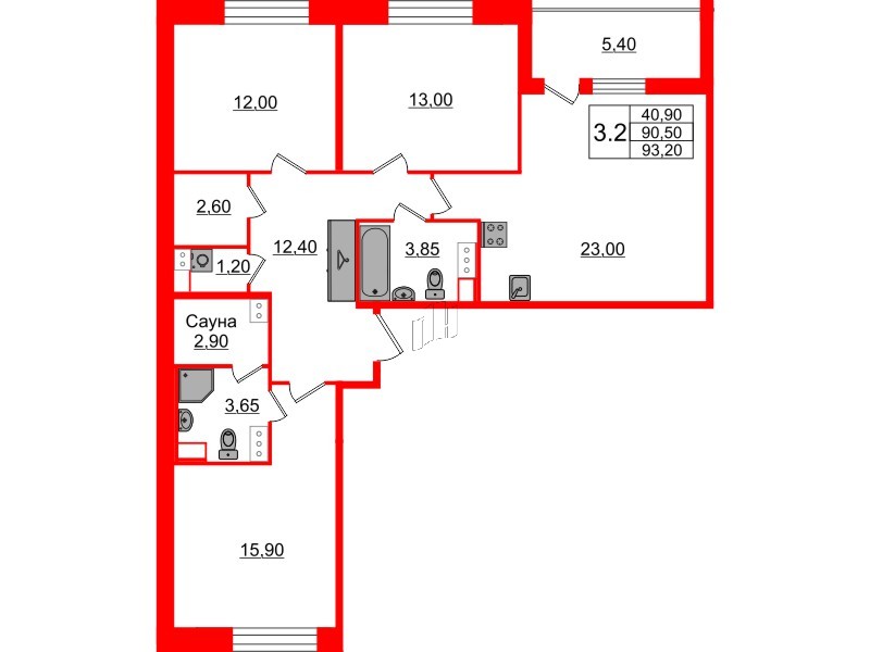 Квартира в ЖК «Бионика Заповедная», 3 комнатная, 90.5 м², 5 этаж