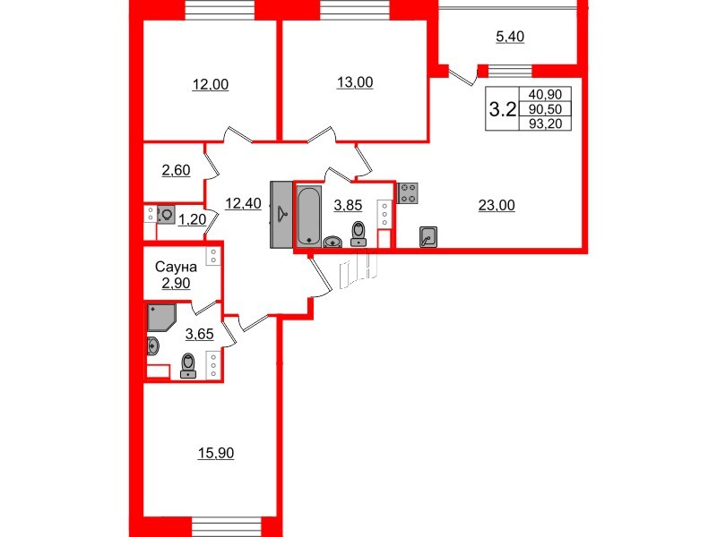 Квартира в ЖК «Бионика Заповедная», 3 комнатная, 90.5 м², 7 этаж