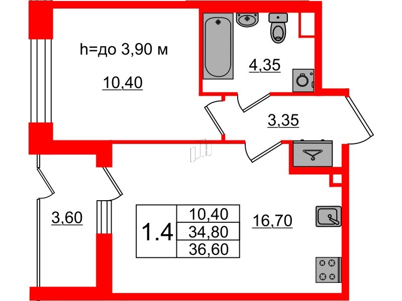 Квартира в ЖК «Бионика Заповедная», 1 комнатная, 34.8 м², 1 этаж