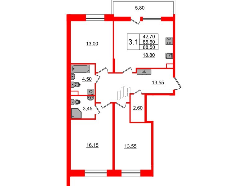 Квартира в ЖК «Бионика Заповедная», 3 комнатная, 85.6 м², 2 этаж