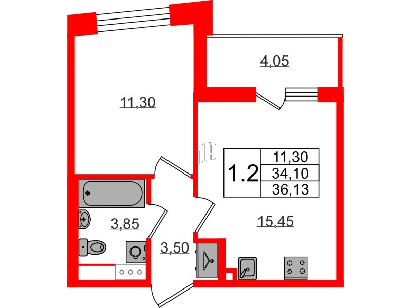 Квартира в ЖК «Бионика Заповедная», 1 комнатная, 34.1 м², 3 этаж