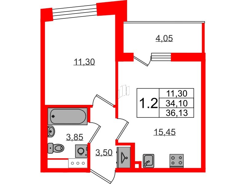 Квартира в ЖК «Бионика Заповедная», 1 комнатная, 34.1 м², 11 этаж