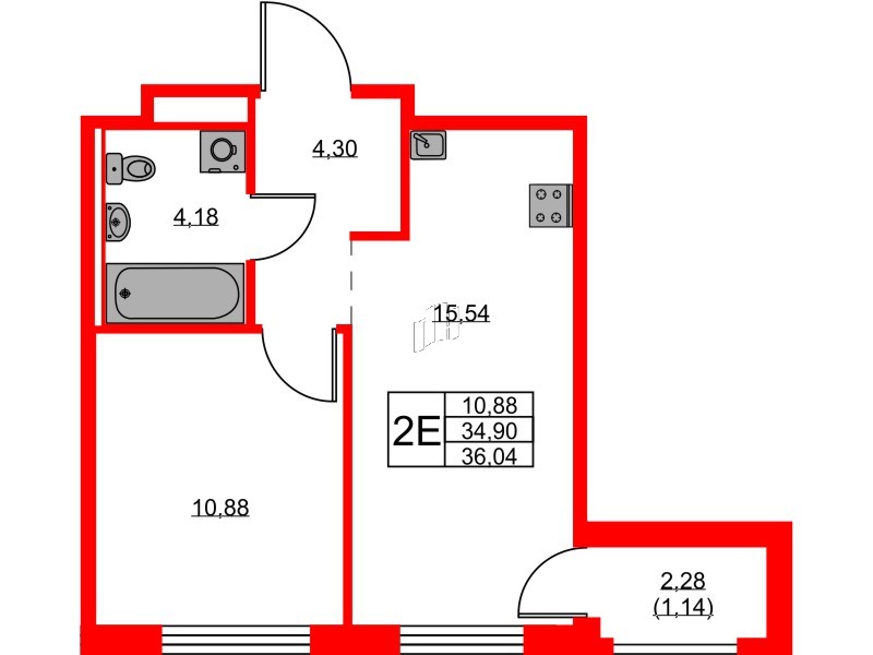 Квартира в ЖК GloraX Новоселье, 1 комнатная, 36.04 м², 9 этаж