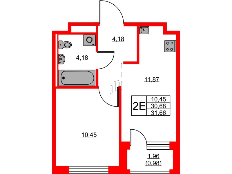 Квартира в ЖК GloraX Новоселье, 1 комнатная, 31.66 м², 9 этаж