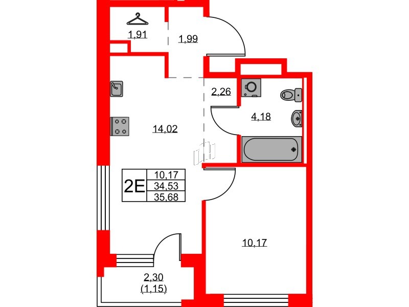 Квартира в ЖК GloraX Новоселье, 1 комнатная, 35.68 м², 9 этаж