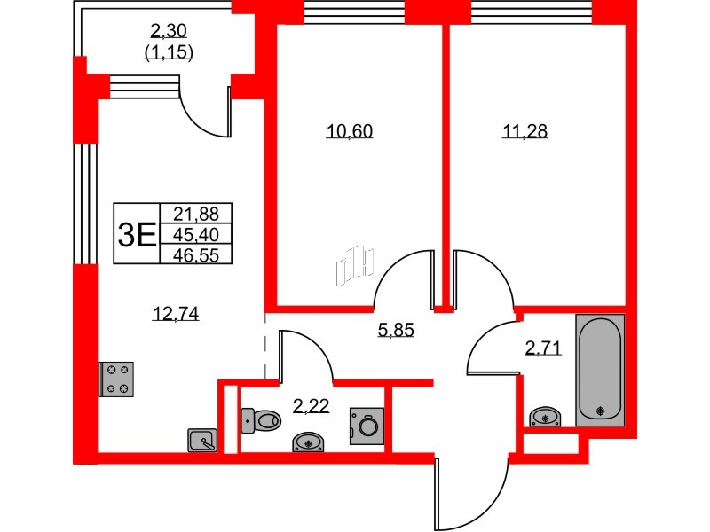 Квартира в ЖК GloraX Новоселье, 2 комнатная, 46.55 м², 9 этаж