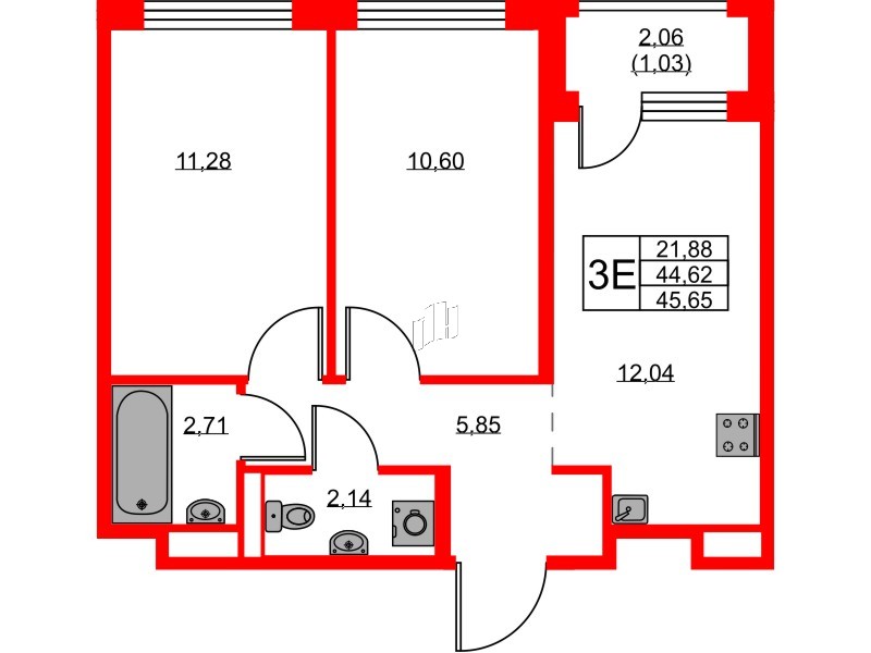 Квартира в ЖК GloraX Новоселье, 2 комнатная, 45.65 м², 9 этаж