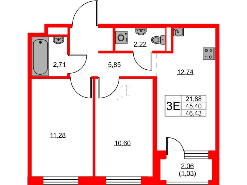 Квартира в ЖК GloraX Новоселье, 2 комнатная, 46.43 м², 9 этаж