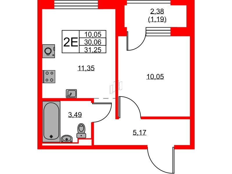 Квартира в ЖК GloraX Новоселье, 1 комнатная, 31.25 м², 9 этаж