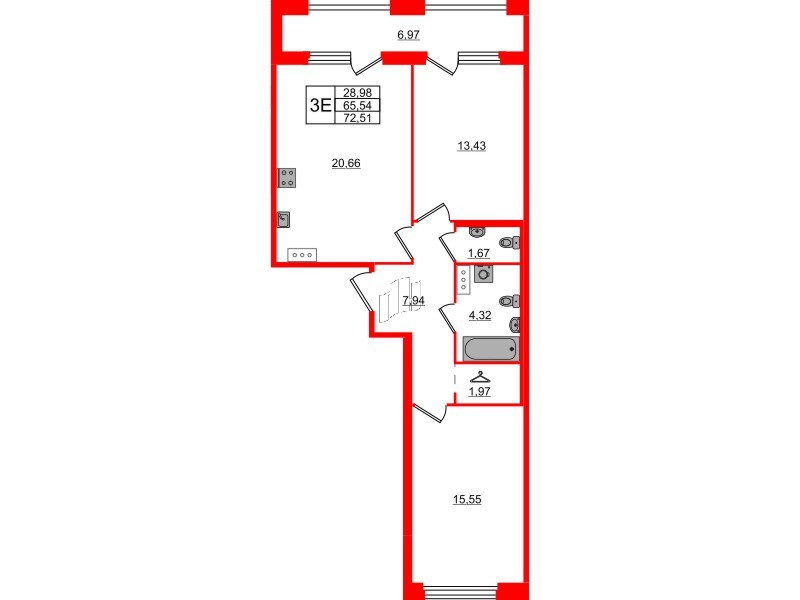 Квартира в ЖК Квартал Б15, 2 комнатная, 65.54 м², 4 этаж