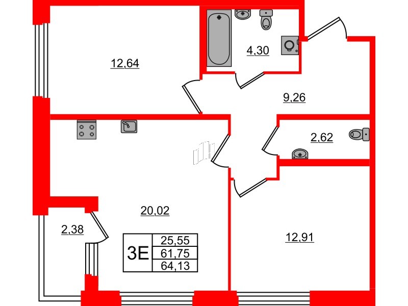 Квартира в ЖК Квартал Б15, 2 комнатная, 61.75 м², 3 этаж