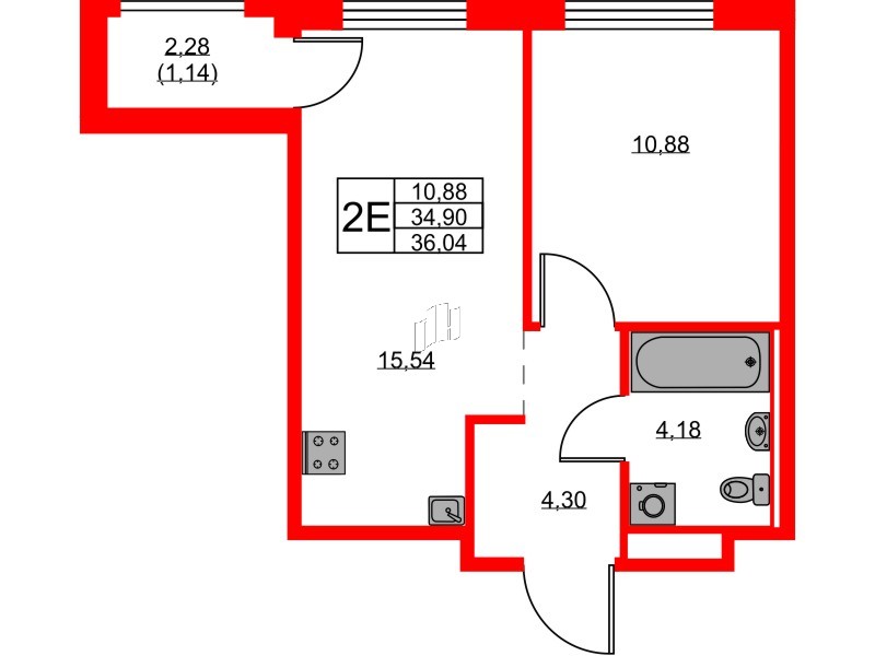 Квартира в ЖК GloraX Новоселье, 1 комнатная, 36.04 м², 9 этаж