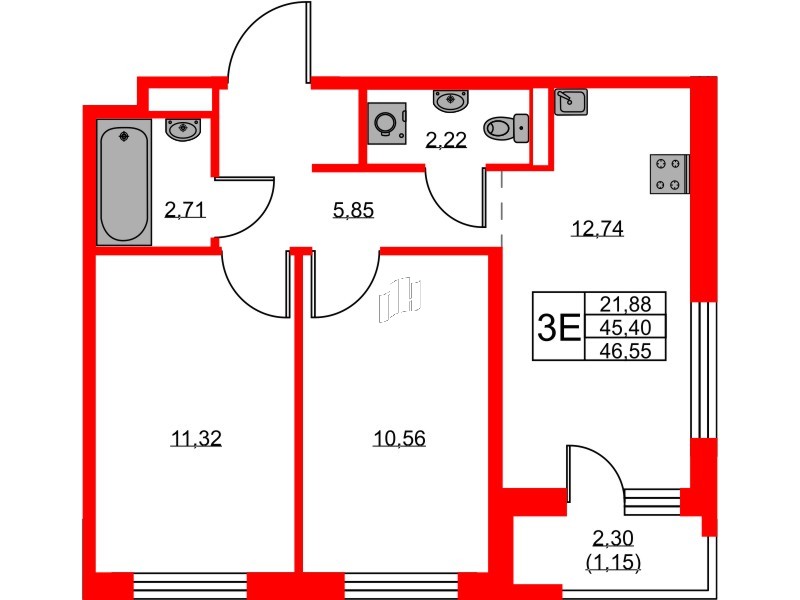 Квартира в ЖК GloraX Новоселье, 2 комнатная, 46.55 м², 9 этаж