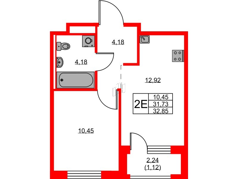 Квартира в ЖК GloraX Новоселье, 1 комнатная, 32.85 м², 7 этаж