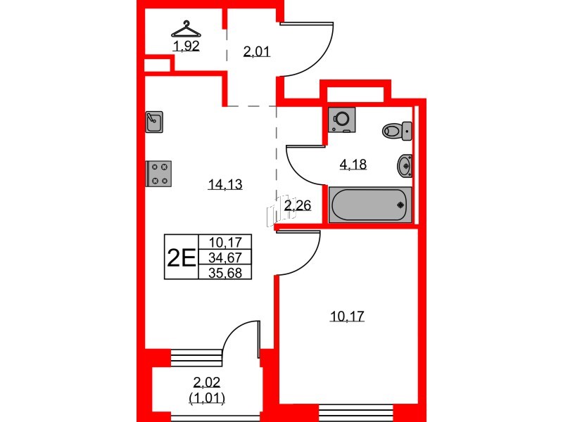 Квартира в ЖК GloraX Новоселье, 1 комнатная, 35.68 м², 9 этаж