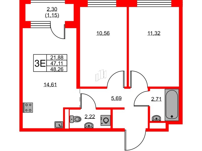 Квартира в ЖК GloraX Новоселье, 2 комнатная, 48.26 м², 9 этаж