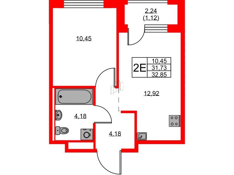 Квартира в ЖК GloraX Новоселье, 1 комнатная, 32.85 м², 8 этаж