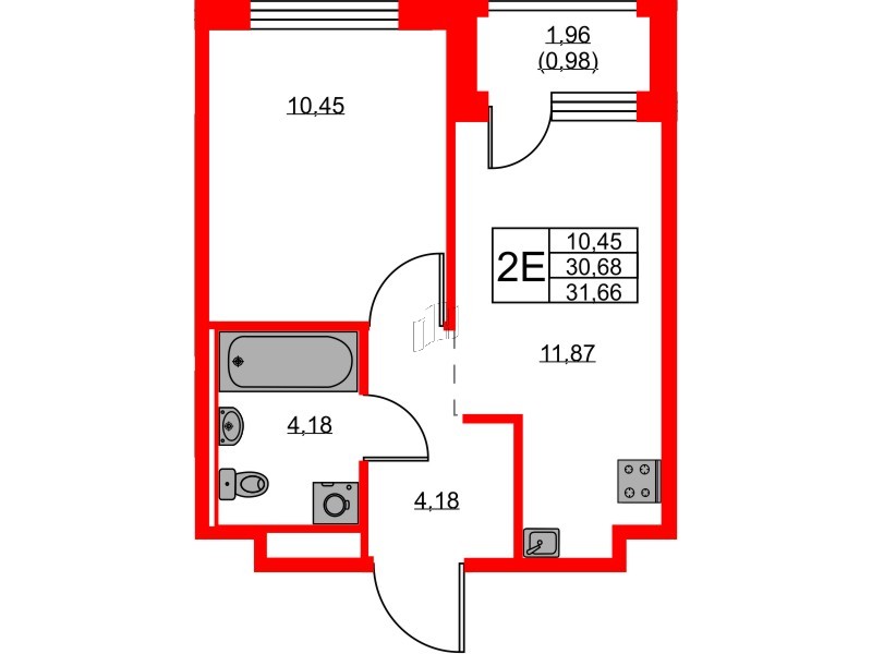 Квартира в ЖК GloraX Новоселье, 1 комнатная, 31.66 м², 9 этаж