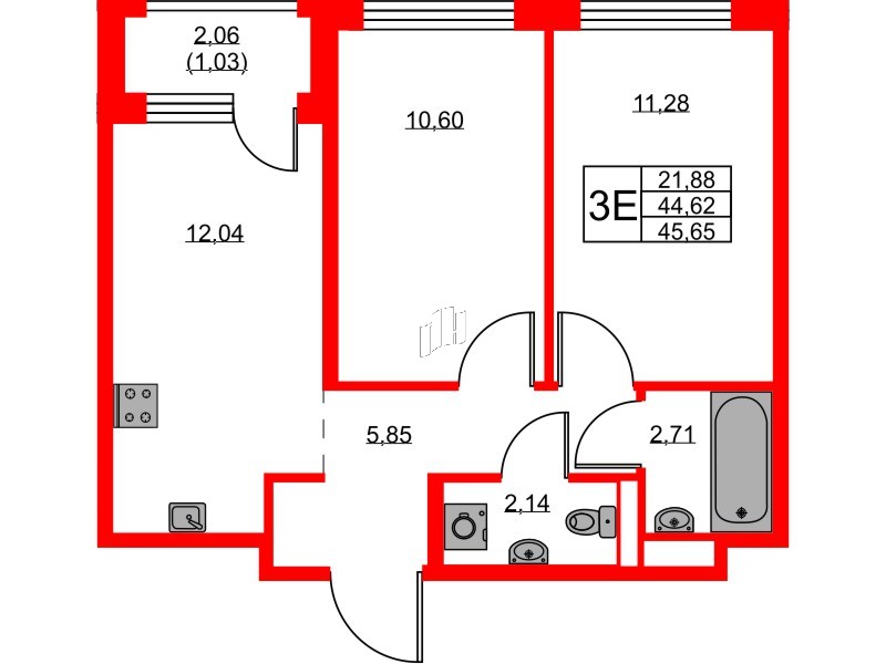 Квартира в ЖК GloraX Новоселье, 2 комнатная, 45.65 м², 9 этаж