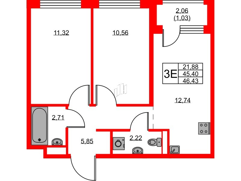 Квартира в ЖК GloraX Новоселье, 2 комнатная, 46.43 м², 9 этаж