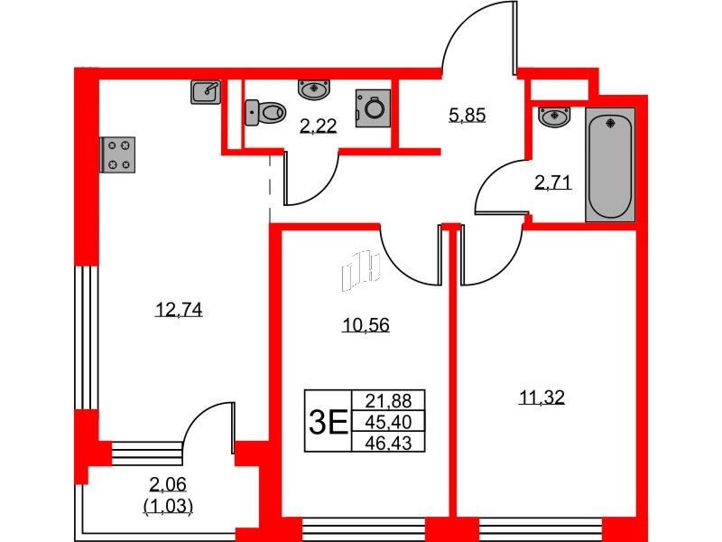 Квартира в ЖК GloraX Новоселье, 2 комнатная, 46.43 м², 9 этаж