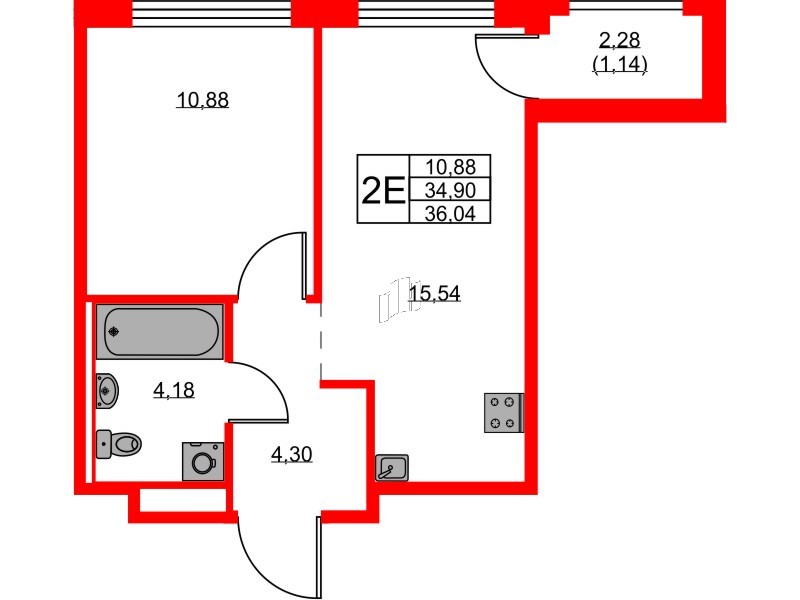 Квартира в ЖК GloraX Новоселье, 1 комнатная, 36.04 м², 9 этаж