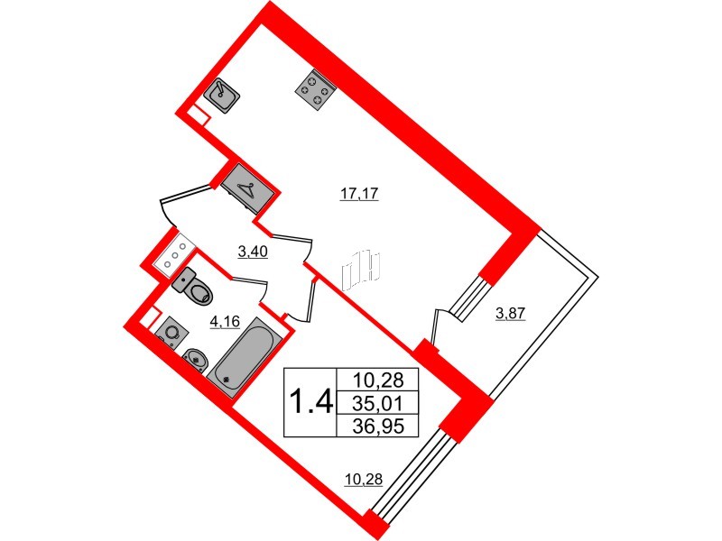 Квартира в ЖК «Пульс Премьер», 1 комнатная, 35.01 м², 2 этаж