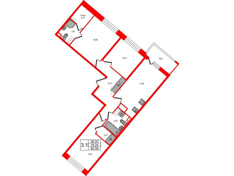 Квартира в ЖК «Пульс Премьер», 3 комнатная, 78.24 м², 13 этаж