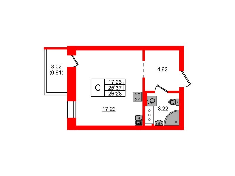 Квартира в ЖК Северный Меридиан, студия, 26.28 м², 5 этаж