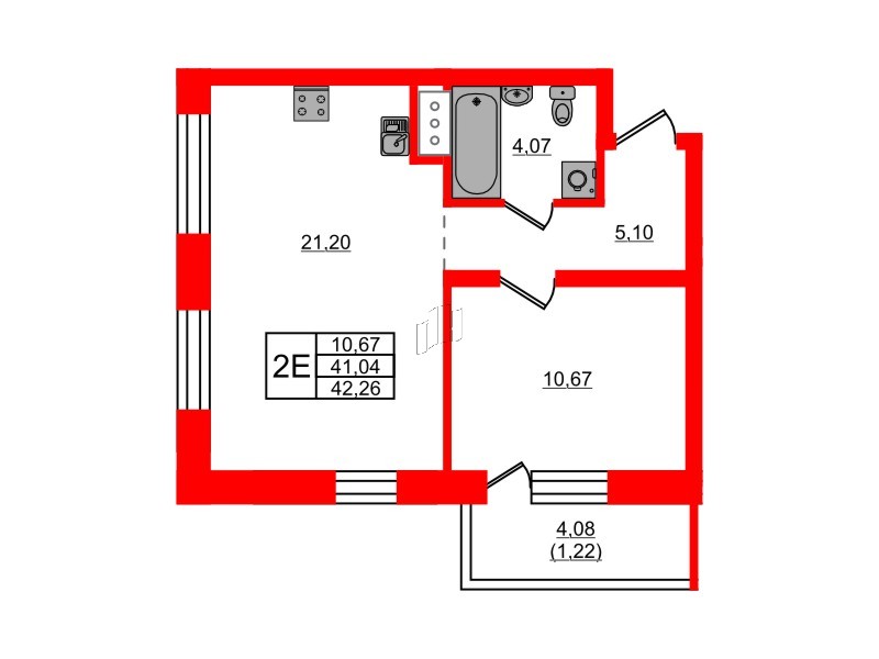 Квартира в ЖК Северный Меридиан, 1 комнатная, 42.26 м², 2 этаж