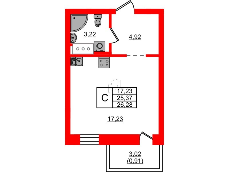 Квартира в ЖК Северный Меридиан, студия, 26.28 м², 2 этаж