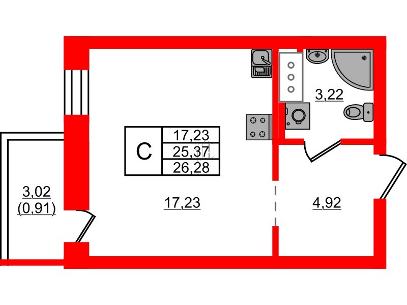Квартира в ЖК Северный Меридиан, студия, 26.28 м², 5 этаж