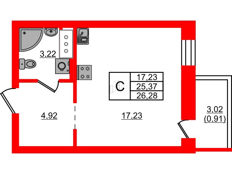 Квартира в ЖК Северный Меридиан, студия, 26.28 м², 5 этаж