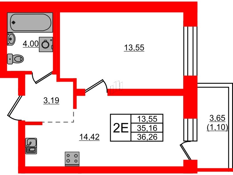 Квартира в ЖК Северный Меридиан, 1 комнатная, 36.26 м², 9 этаж