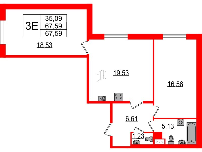 Квартира в ЖК Сертолово Парк, 2 комнатная, 66.7 м², 1 этаж