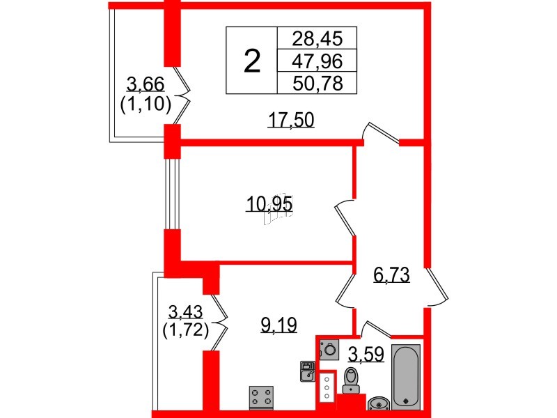 Квартира в ЖК Сертолово Парк, 2 комнатная, 47.4 м², 4 этаж