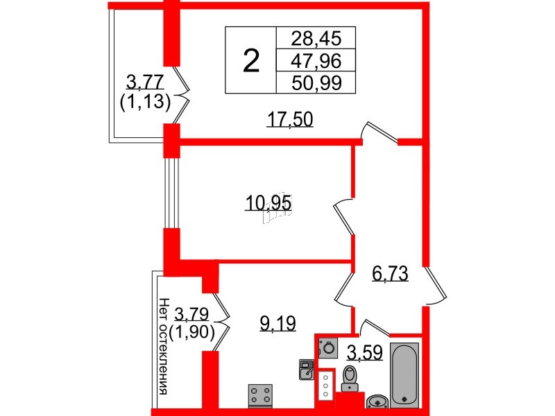 Квартира в ЖК Сертолово Парк, 2 комнатная, 47.4 м², 7 этаж